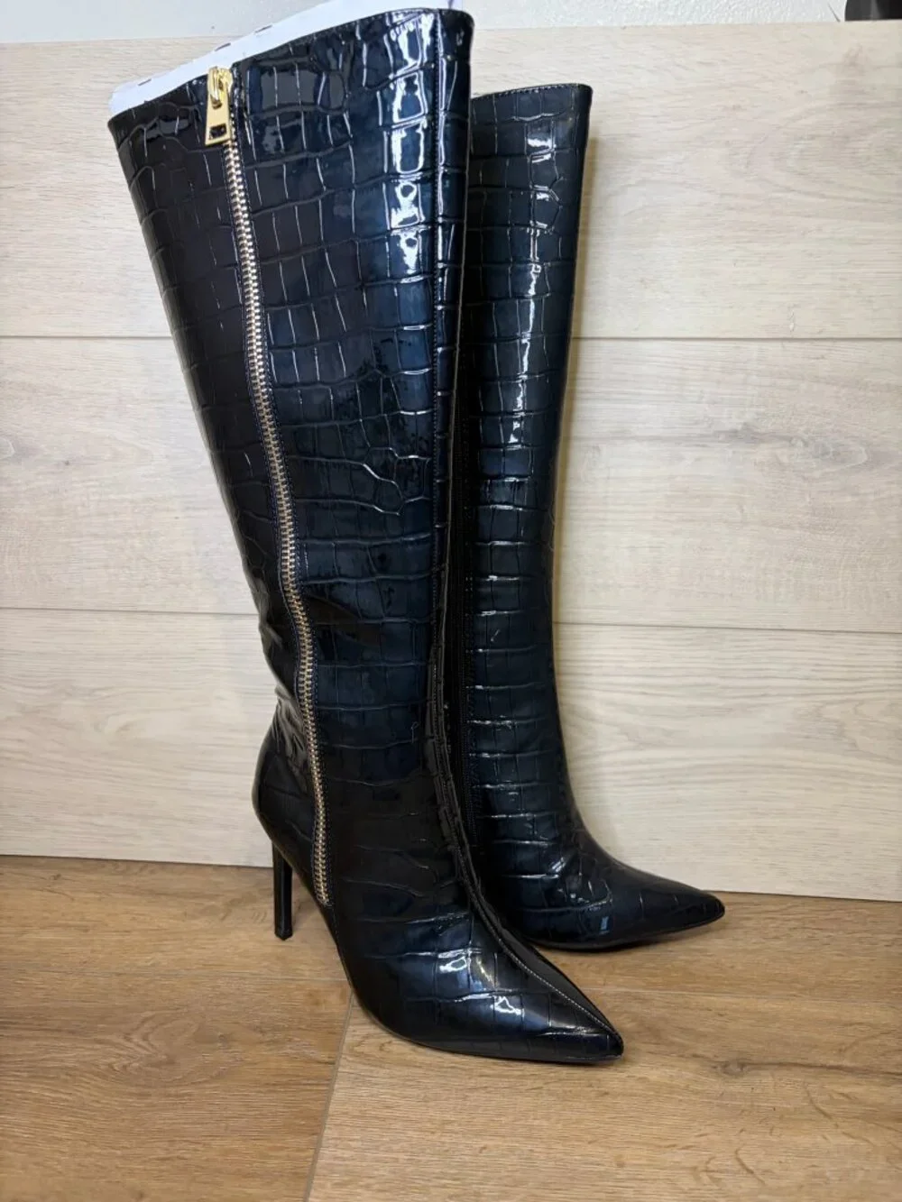 INC Sabrinaap High Knee Boots Black Crocodile Wide Calf Size 6M